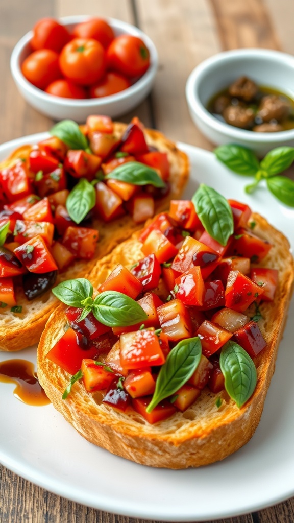 A plate of bruschetta with tomato and basil on toasted bread, garnished with balsamic glaze.